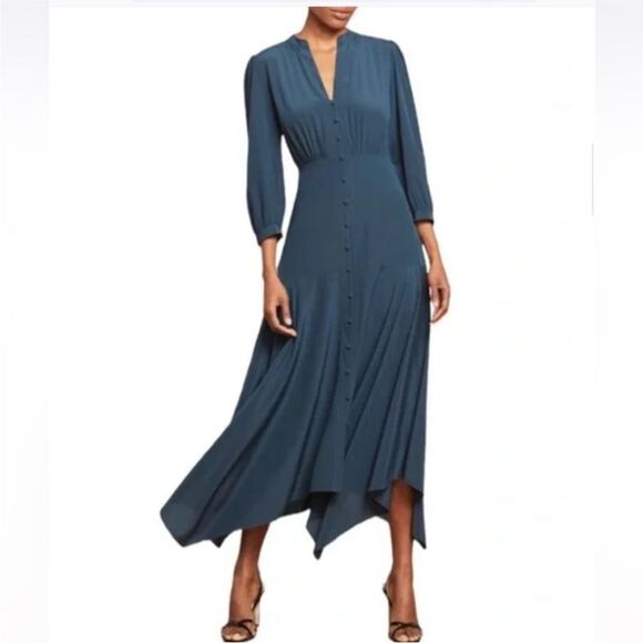 Veronica Beard Roksanda Petrol Blue Button-Front Silk-Blend Dress 2 NWT $650 - Picture 2 of 8
